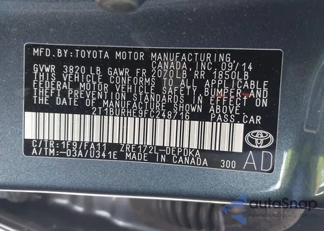 2015 Toyota Corolla L from USA, damaged, VIN 2T1BURHE9FC248716